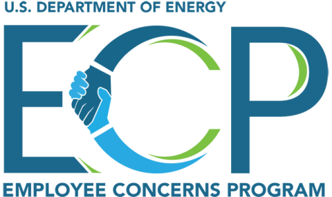Department of Energy Employee Concerns Program Logo in Blue and Green Colored Font with C shaped like 2 shaking hands