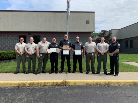 Travis Radomski, Gregory Jacobs, and Tage Soderlund are West Valley Demonstration Project (WVDP) security police officers (SPO) who recently completed basic security police officer training. They are pictured with their instructors at their graduation ceremony. From left are SPO Jason Chatterson, WVDP Protective Force Sgt. Ryan Miller, WVDP Protective Force Sgt. Timothy Blovsky, Radomski, Jacobs, Soderlund, Cattaraugus County Sheriff’s Office (CCSO) Sgt. Jason Dry, WVDP Protective Force Sgt James Madsen,