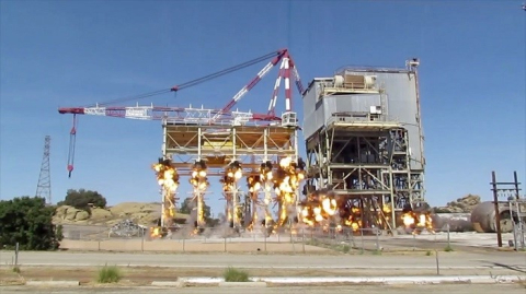EM recently completed demolition of the final DOE-owned buildings at the Energy Technology Engineering Center northwest of Los Angeles, California. The final building to be torn down, with the assistance of shaped charges, was the Sodium Pump Test Facility, shown, used for testing large pumps for liquid sodium during site operations that ended in the late 1980s.