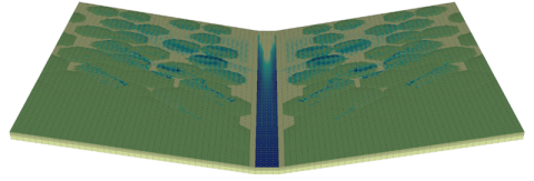 A sample simulation showing a polygonal landscape with variable vegetation cover (green) and surface water (blue) during a rainstorm. The porous, organic-rich soil beneath the vegetation can store a large amount of water, changing the flow of water.