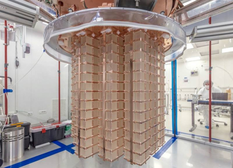 The completed Cryogenic Underground Observatory for Rare Events (CUORE) detector. Researchers assembled the detector in a clean room with low-radioactivity air, then installed the detector in a refrigerator that cooled it to almost absolute zero.