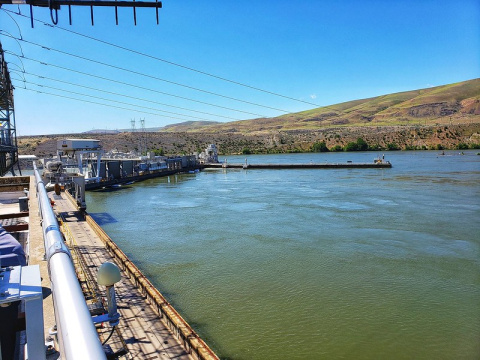 Pumped-storage hydropower in daylight.