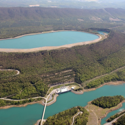 Pumped-storage hydropower in daylight.