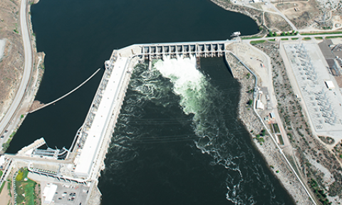 An aerial view of a dam.