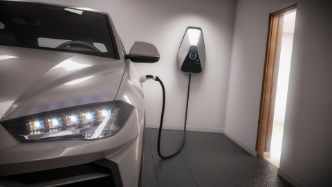 Electric car and charger in a home garage