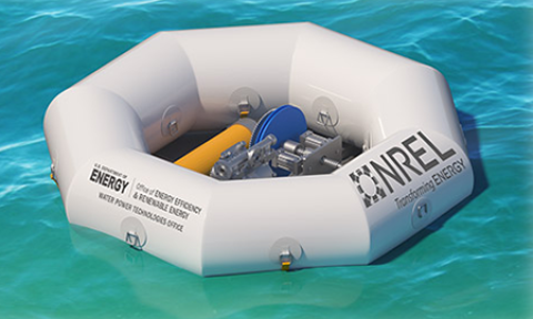 An artist’s rendering of a hexagonal buoy on the ocean with the drivetrain exposed.