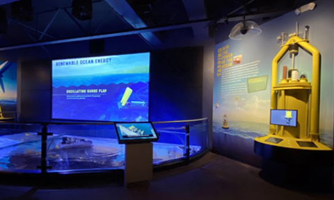 A museum exhibit with models of marine energy devices. A large screen at the center of the exhibit displays animations of different marine energy technologies.