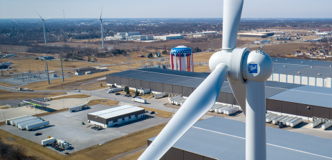 Close view of a distributed wind turbine.