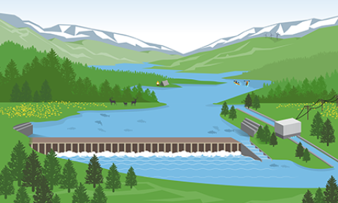 Illustration of hydropower and mountains. 