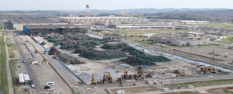 A recent aerial view of the Portsmouth X-326 Process Building demolition. EM's fiscal year 2023 budget request includes funding for the continued teardown of X-326, the first of three massive former gaseous diffusion plants that will be taken down at the Portsmouth Site in Ohio. 