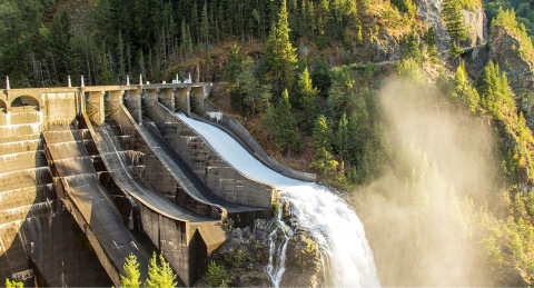 Hydropower dam with greenery surrounding it and mountains in the background.