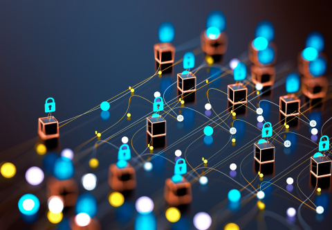 a series of small cubes connected by wires with globe icons and lock icons above them, representing the various connections in the cyber environment