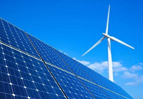 Wind turbine and solar panels.