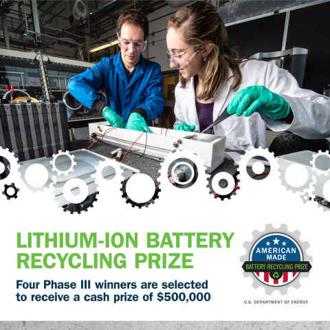 two researchers installing a lithium-ion battery. Text that reads" lithium-ion battery recycling prize - four phase III winners are selected to receive a cash prize of $500,000