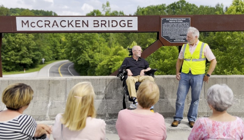 Ken Rueter, president and CEO of Oak Ridge cleanup contractor UCOR, speaks during the McCracken Bridge dedication ceremony about the lasting impact of Steve McCracken’s leadership on the Oak Ridge environmental cleanup program.