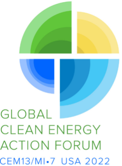 A picture of the Global Clean Energy Action Forum logo composed of a circle cut into quarters with a green, yellow, dark blue and light blue sections. Underneath are the words "Global Clean Energy Action Forum" in a thin green front, and the words "CEM-13/MI7 USA 2022" in a thin blue font.