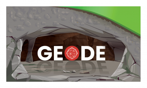 The word "Geode" at the entrance to an illustrated cave.