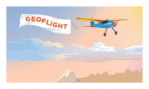 Illustrated plane pulling a banner that reads "GEOFLIGHT"