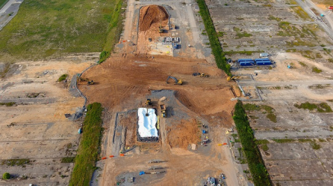 An aerial view of EM's soil remediation project underway on the massive footprint of the former K-25 building at Oak Ridge.