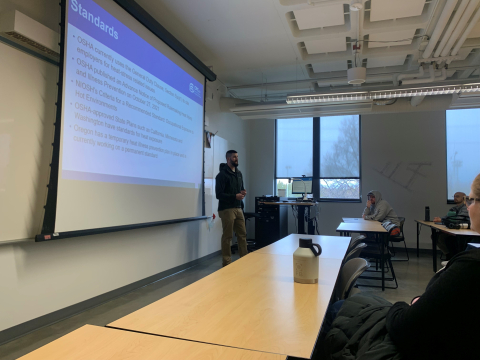 Jake Steelhammer, safety specialist with EM contractor Central Plateau Cleanup Company, gives a guest lecture to students at Central Washington University in Ellensburg, Washington. The contractor was recently recognized with the Voluntary Protection Programs Participants’ Association Safety & Health Outreach Award for its partnership with the local university.
