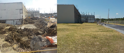 Before and after photos of the Separations Process Research Unit building demolition and site restoration fieldwork.