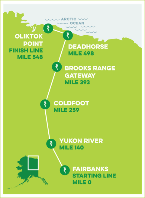 A map showing the Arctic Road Rally journey from Fairbanks to Oliktok.