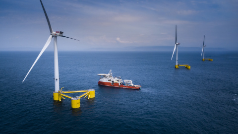 Offshore wind turbines and a boat at sea.