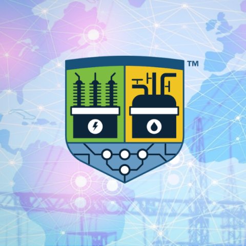 OT defender logo has a badge with an icon of a transformer on one side and a power plant on the other