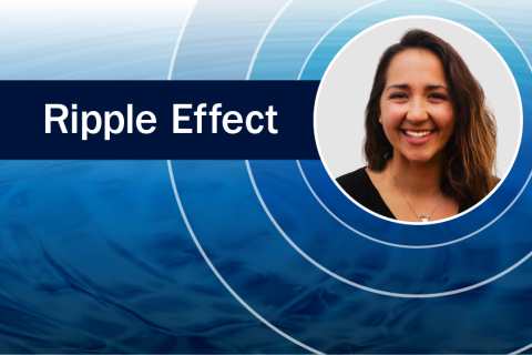 Claire Gonzales in a circle surrounded by ripples in water next to a banner reading "Ripple Effect"