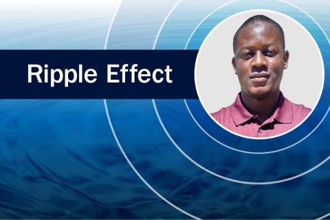 Habilou Ouro-Koura in a circle next to a banner reading "Ripple Effect" on top of a photo of ripples in water