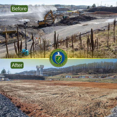 Oak Ridge workers spent much of this year tearing up and removing building slabs left behind from the Biology Complex demolition, as shown at top. 