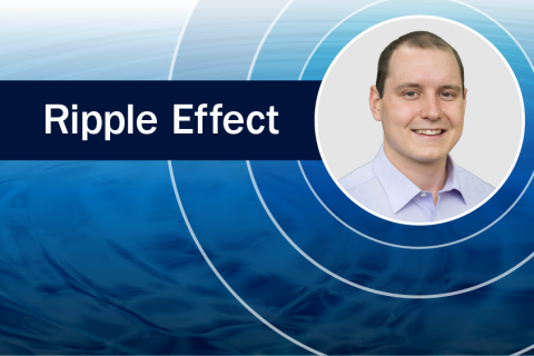 Ripples in water moving outward from a central point overlain with a banner reading "Ripple Effect" and a circular photo of Christopher Ruhl.