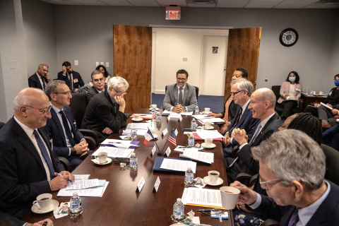 Delegates from the U.S. Department of Energy, the U.S. Department of State, France’s Ministry for the Energy Transition, and France’s Ministry for Europe and Foreign Affairs come together for a meeting on the U.S.-France Bilateral Clean Energy Partnership in Washington, D.C. on December 2022.