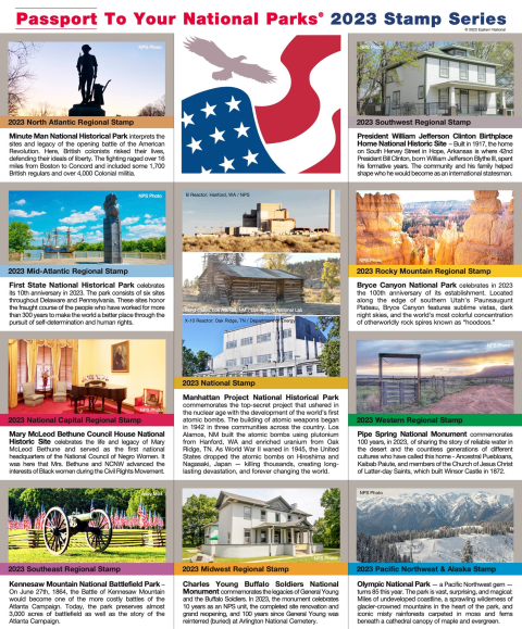 Manhattan Project National Historical Park was selected as the 2023 “national stamp,” which is the large, eye-catching center stamp pictured here. Image courtesy of Eastern National. 