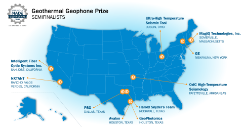 Blue map of the USA titled Geothermal Geophone Prize - Semifinalists