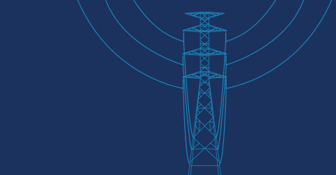 A drawing of a transmission tower and lines against a blue background