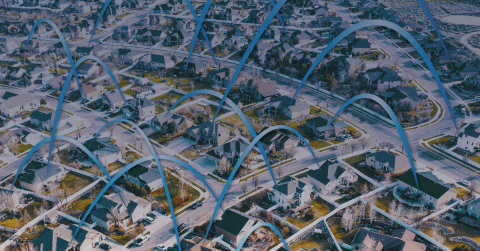 Illustration of a typical American neighborhood with lines connecting different houses and blocks