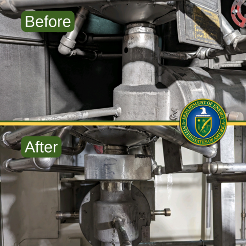 Before and after photos show modifications made to the affected valve body in a cell of the Integrated Waste Treatment Unit at DOE's Idaho National Laboratory Site. At top is the valve body prior to the modifications.