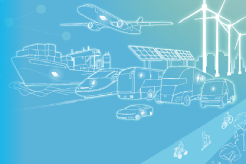 Line drawings of transportation and renewable energy technologies.