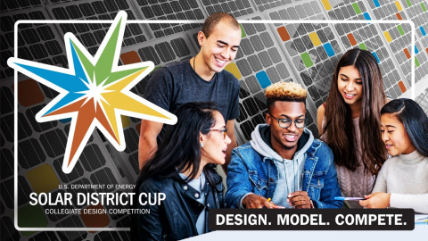 A group of students collaborates. Solar panels in the background and the Solar District Cup logo on the left