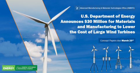 U.S. Department of Energy Announces $30 Million for Materials and manufacturing to Lower the cost of large wind turbines - Concept papers due march 23rd