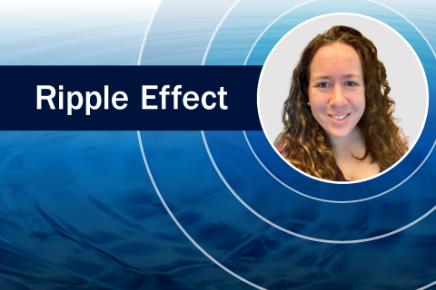 Nina Joffe in a circle surrounded by concentric rings on a photo of ripples in water next to the text "Ripple Effect"