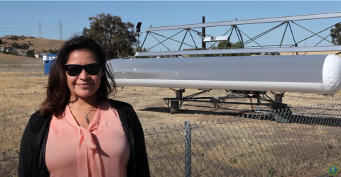 Suzanne Singer standing in front of a solar farm