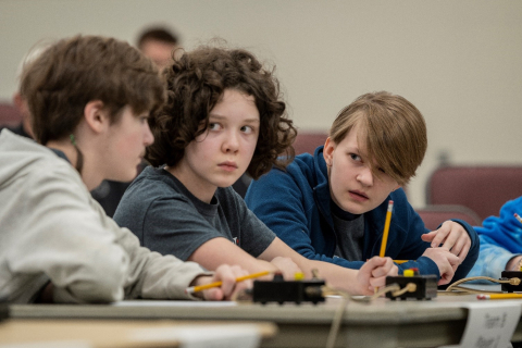 Calloway County Middle School students, from left, Aiden Hooper, Ava Bogard and Ella Martin work together to answer questions during this year’s DOE West Kentucky Regional Science Bowl competition.