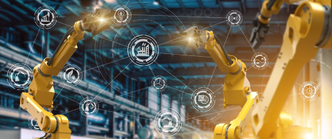a photo of robotic arms withal digital screen overlay