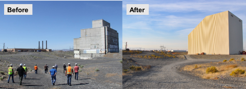 The K East Reactor operated from 1955 to 1971 and is the seventh of Hanford’s nine former reactors to be protected in an enclosure, or cocooned. The Columbia River Basin Chapter of the Project Management Institute recently honored the cocooning project as its 2023 Project of the Year. At left is the reactor building in October 2020, and at right is the reactor building in its protective enclosure in October 2022.