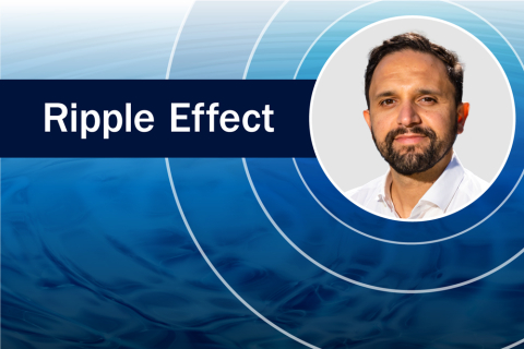 Blue background with a photo of a man next to the words "Ripple Effect"
