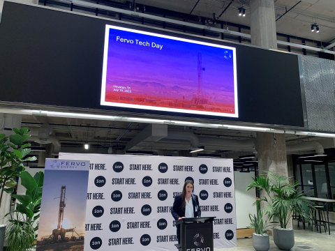 Fervo VP of strategy Sarah Jewett addresses the group at Fervo Energy Tech Day. Credit: Tim Latimer, Fervo Energy