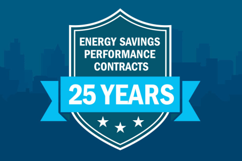 A badge icon with a banner stating, "Energy Savings Performance Contracts: 25 Years."