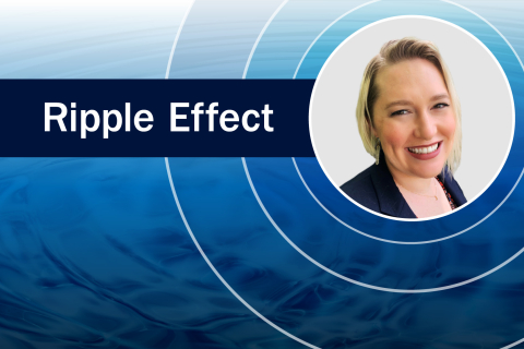 blue screen that says ripple effect with a photo of a person